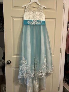 Girls' White and Teal Embroidered Tulle Dress